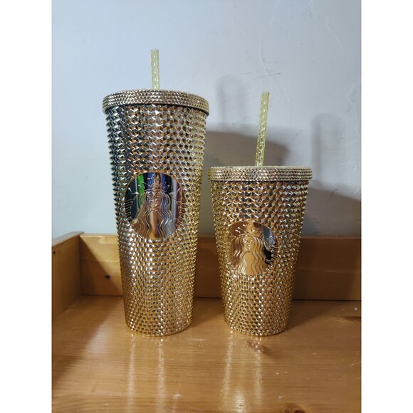 New Metalic Gold  Starbucks Studded  Diamond Tumbler Set 24 oz & 16 oz Cold Cup - Picture 1 of 6